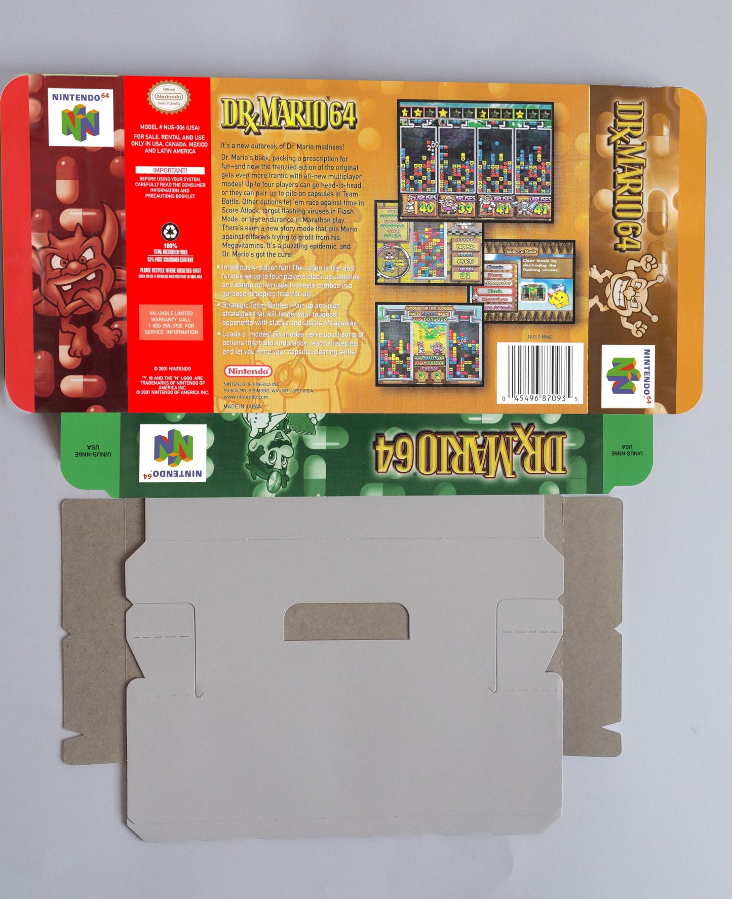 Dr. Mario 64 - box with inner tray option - Nintendo 64 - thick cardboard. Top Quality !!