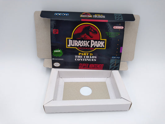 Jurassic Park Part 2: The Chaos Continues - box with inner tray option - PAL or NTSC region - Super Nintendo/ SNES- thick cardboard.