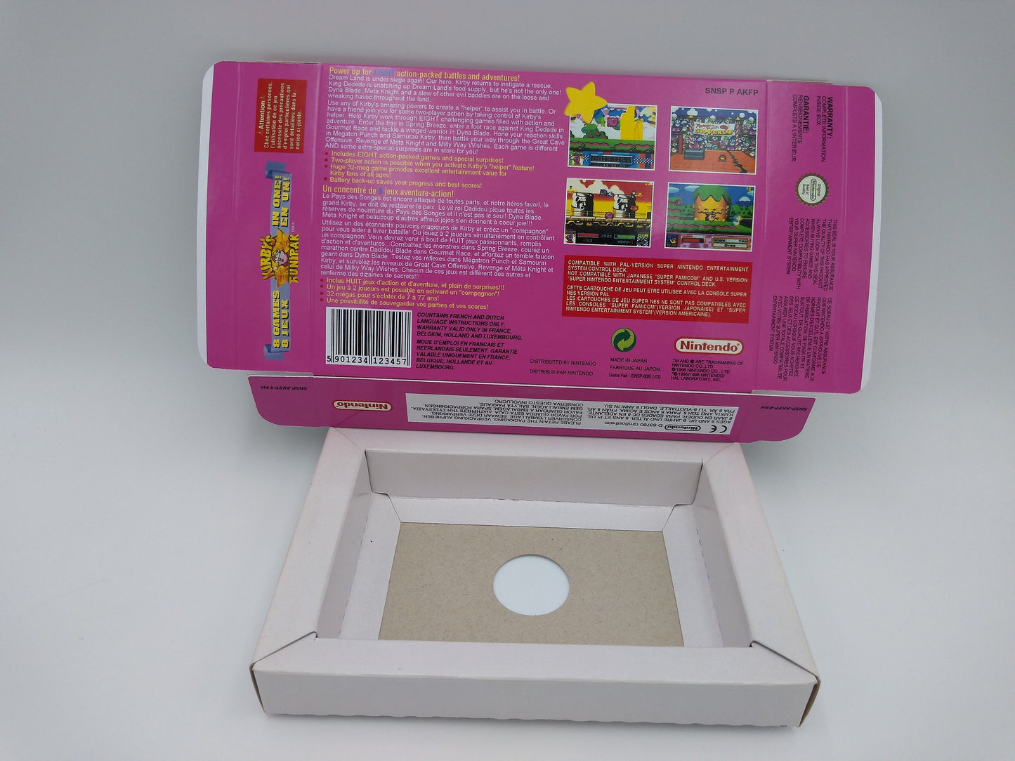 Kirby's Fun Pak - box with inner tray option - SNES - thick cardboard as in the original. Top Quality !