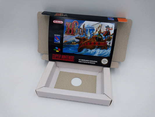 Hook - box with inner tray option - NTSC or PAL - Super Nintendo/ SNES- thick cardboard.