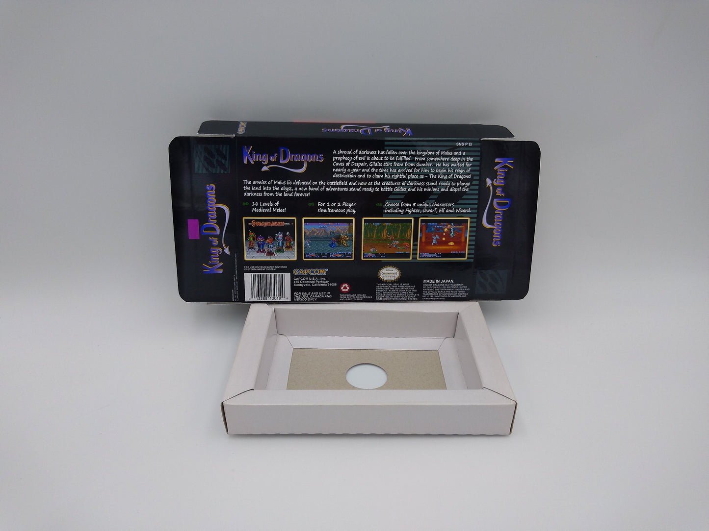 King of Dragons, The - box with inner tray option - SNES - NTSC or PAL - thick cardboard as in the original.