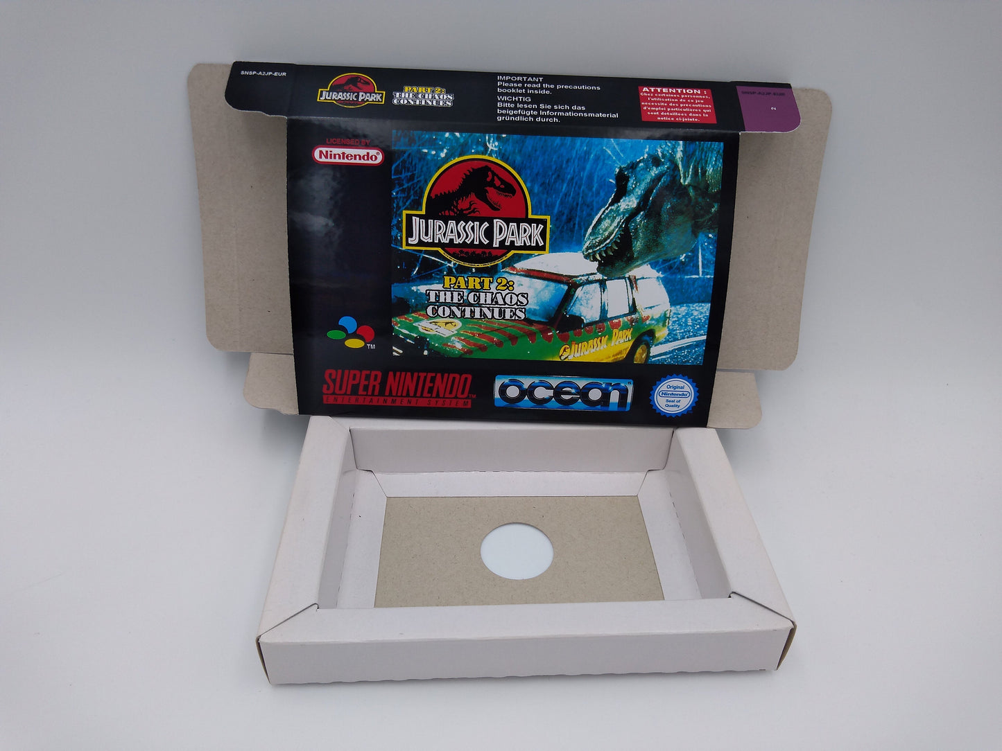 Jurassic Park Part 2: The Chaos Continues - box with inner tray option - PAL or NTSC region - Super Nintendo/ SNES- thick cardboard.