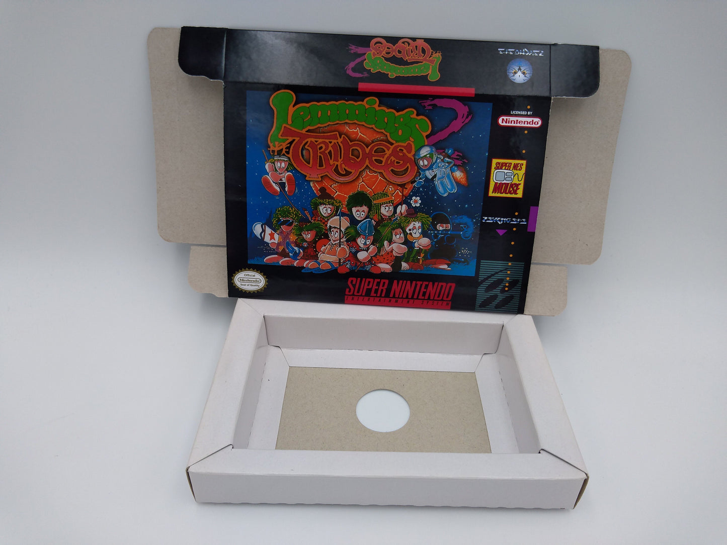 Lemmings 2 - box with inner tray option - PAL or NTSC - SNES - thick cardboard as in the original. Top Quality !