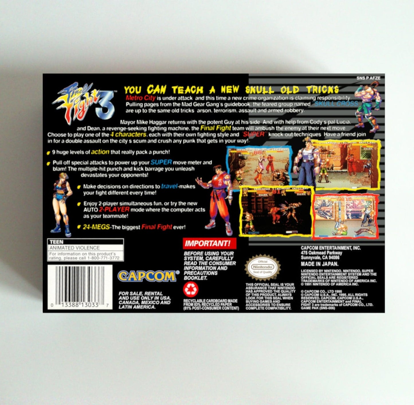 Final Fight 3 - box with inner tray option - NTSC - Super Nintendo/ SNES - thick cardboard.