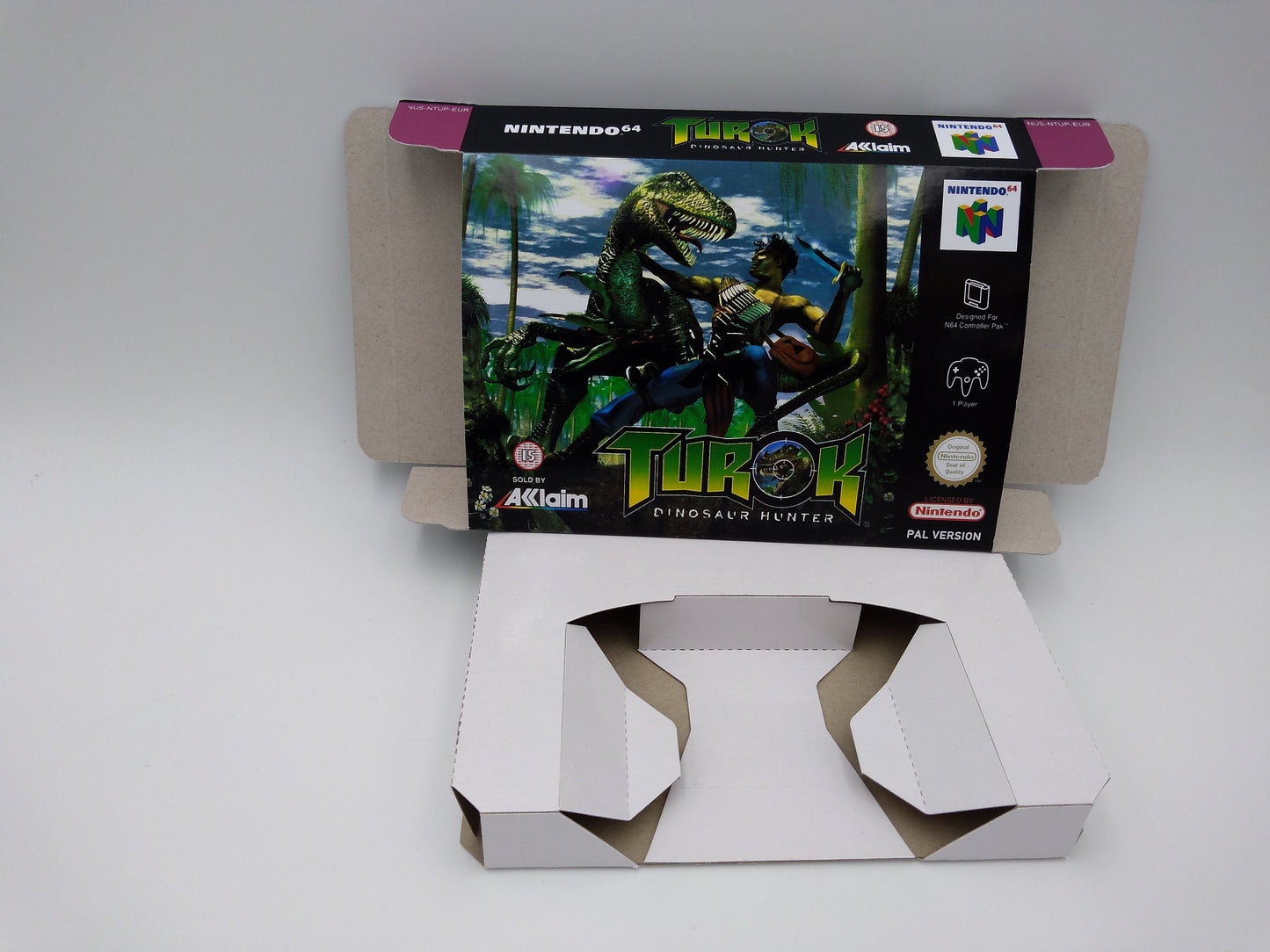 Turok Dinosaur Hunter - box with inner tray option - PAL or NTSC - NINTENDO 64/ N64 - thick cardboard as in the original.