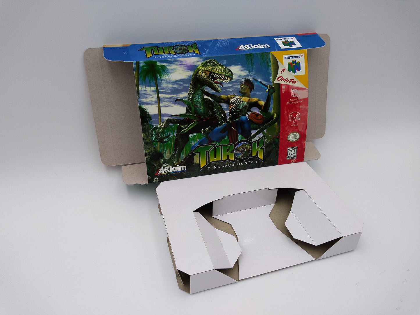 Turok Dinosaur Hunter - box with inner tray option - PAL or NTSC - NINTENDO 64/ N64 - thick cardboard as in the original.