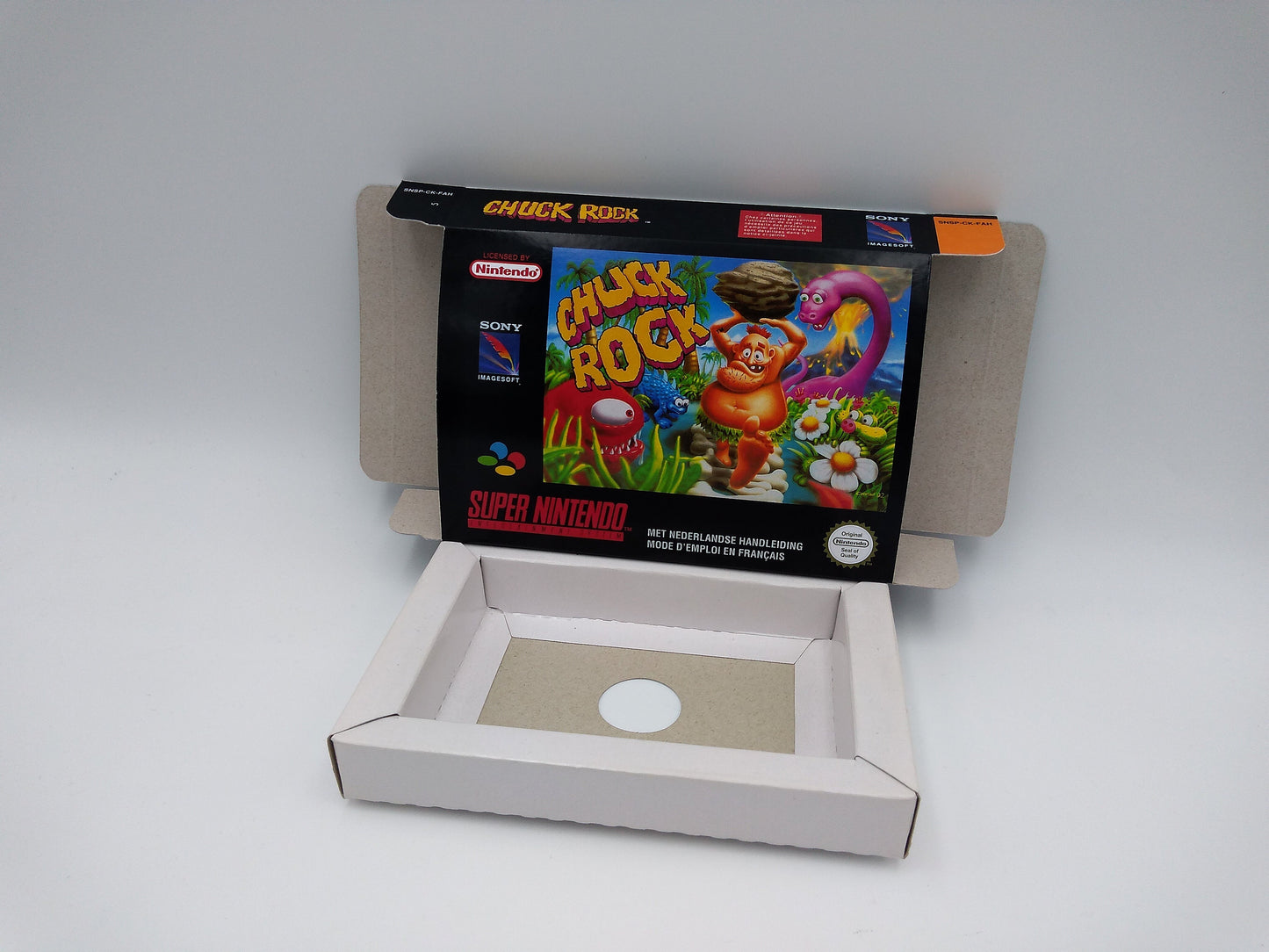 Chuck Rock - box reproduction with inner tray option - PAL or NTSC region - Super Nintendo - thick cardboard as in the original.