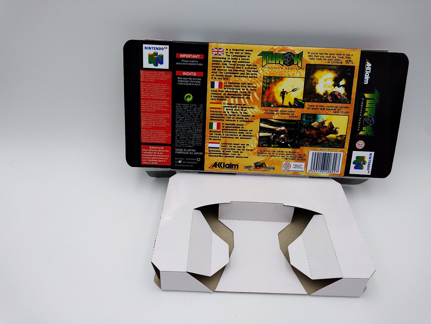 Turok Dinosaur Hunter - box with inner tray option - PAL or NTSC - NINTENDO 64/ N64 - thick cardboard as in the original.