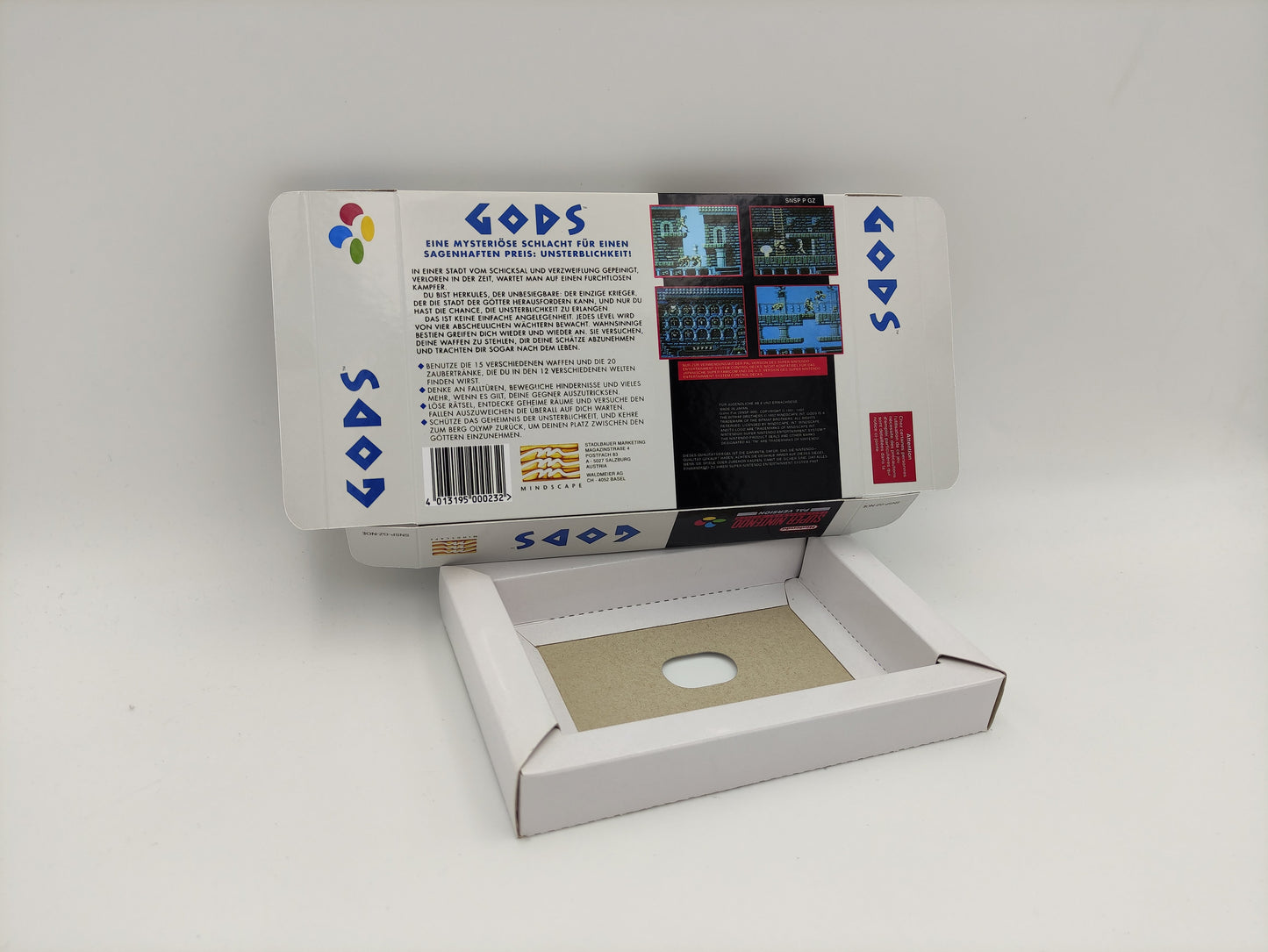 Gods - box with inner tray option - NTSC or PAL - Super Nintendo/ SNES- thick cardboard. Top Quality !!