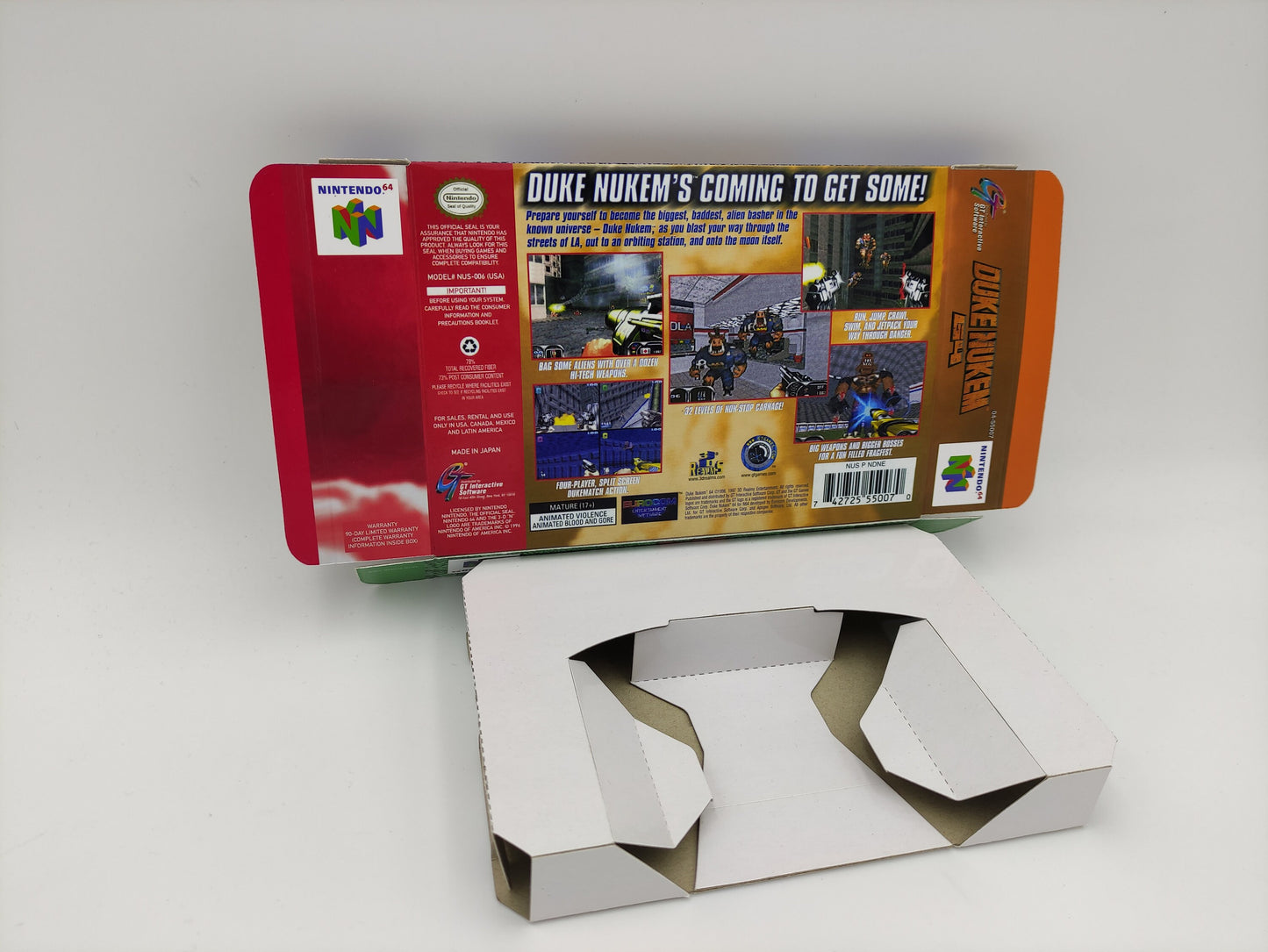 Duke Nukem 64 - box with inner tray option - NTSC or PAL - Nintendo 64 - thick cardboard. Top Quality !!