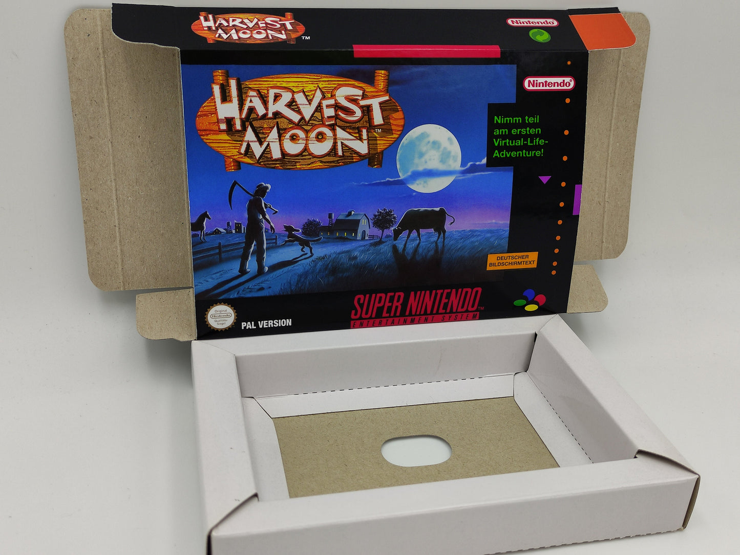 Harvest Moon - box with inner tray option - NTSC or PAL - Super Nintendo/ SNES- thick cardboard. Top Quality !!