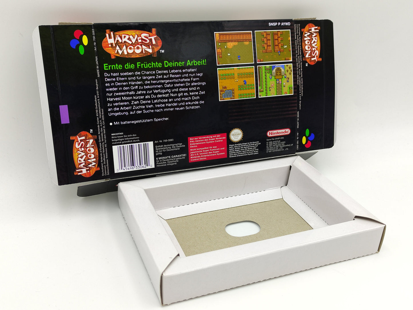 Harvest Moon - box with inner tray option - NTSC or PAL - Super Nintendo/ SNES- thick cardboard. Top Quality !!