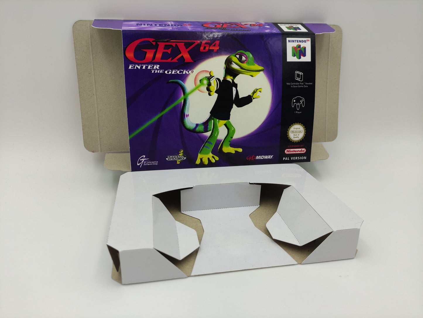 Gex 64 Enter the Gecko - box with inner tray option - NTSC, PAL or Australian PAL - Nintendo 64 - thick cardboard. Top Quality !!