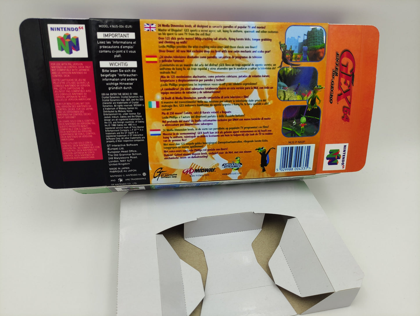 Gex 64 Enter the Gecko - box with inner tray option - NTSC, PAL or Australian PAL - Nintendo 64 - thick cardboard. Top Quality !!