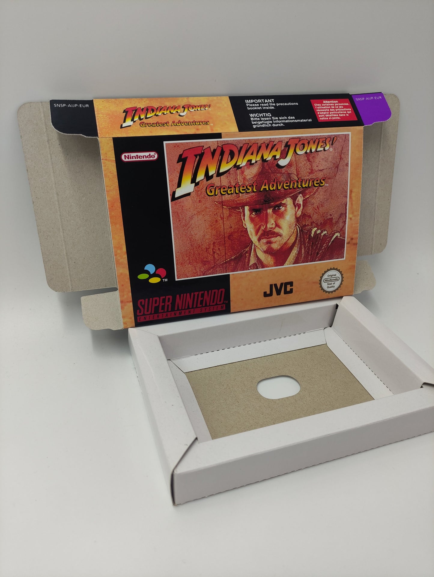 Indiana Jones Greatest Adventure - box with inner tray option -  PAL - Super Nintendo/ SNES - thick cardboard.