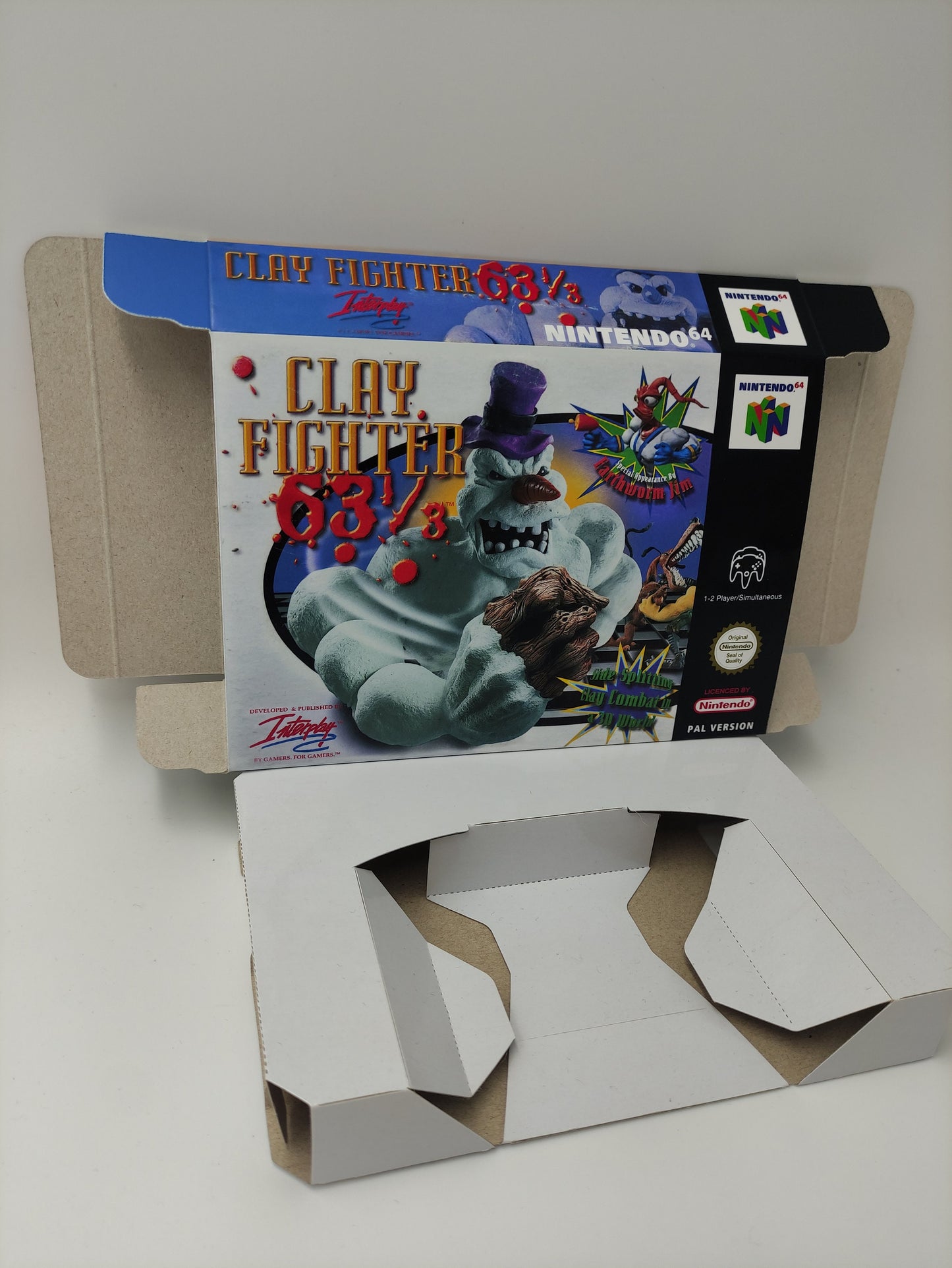 Clay Fighter 63 1/3 - box with inner tray option - Nintendo 64 - thick cardboard. Top Quality !!