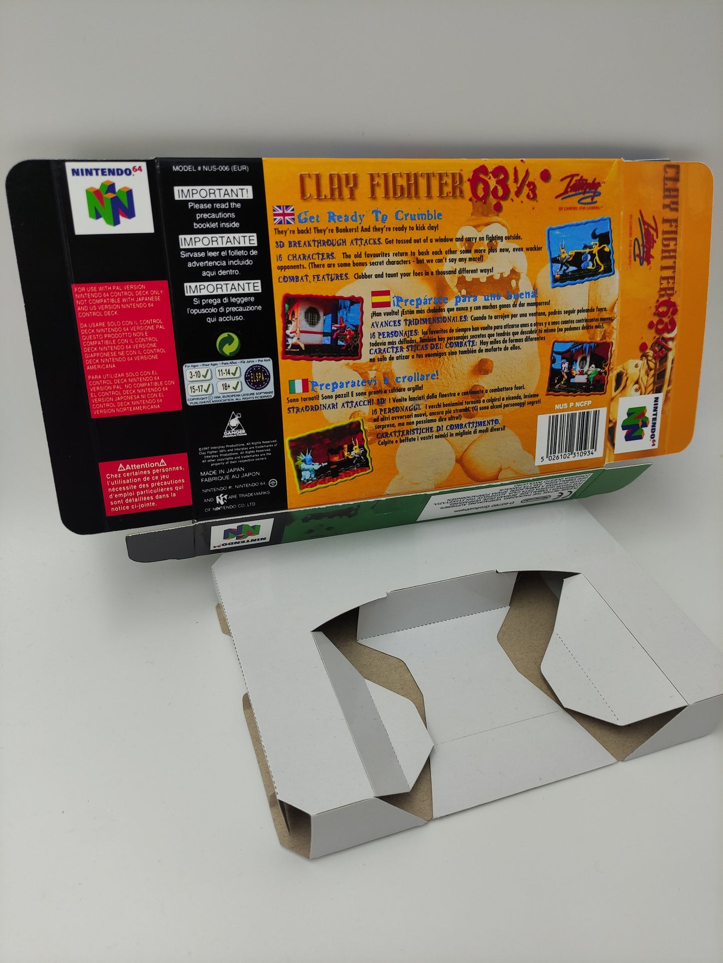 Clay Fighter 63 1/3 - box with inner tray option - Nintendo 64 - thick cardboard. Top Quality !!