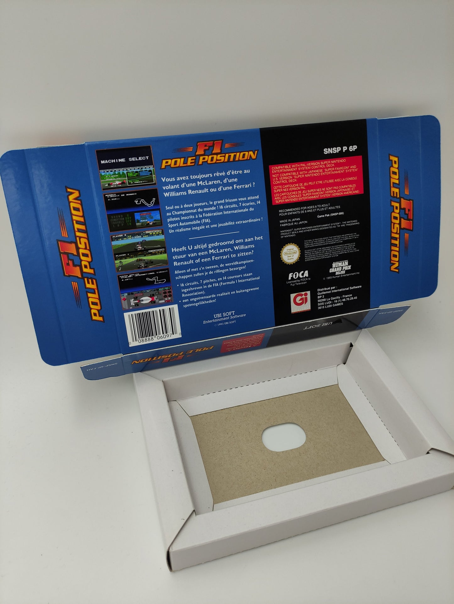 F1 Pole Position - box with inner tray option - NTSC or PAL - Super Nintendo/ SNES- thick cardboard.