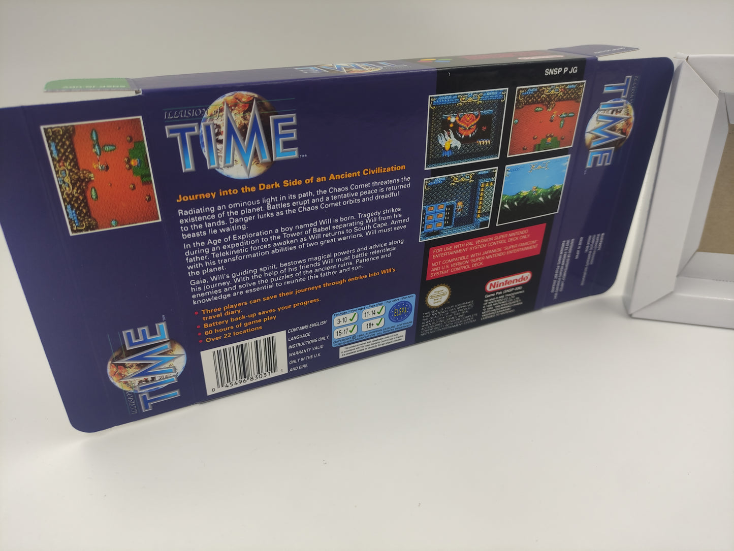 Illusion of Gaia/ Illusion of Time - NTSC or PAL - box with inner tray option - SNES - thick cardboard as in the original.