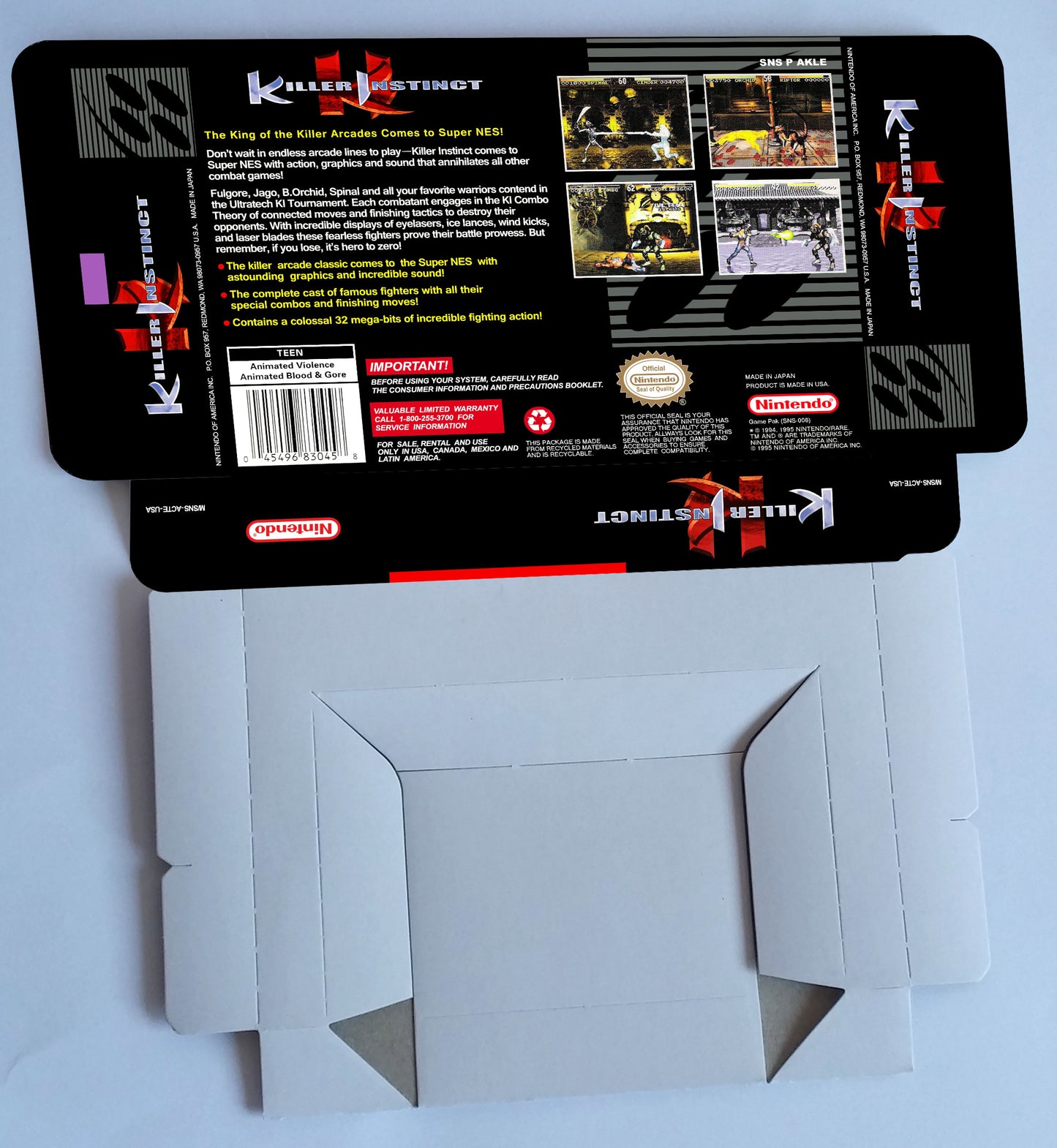 Killer Instinct - box with tray option - NTSC or PAL - SNES - thick cardboard as in the original.