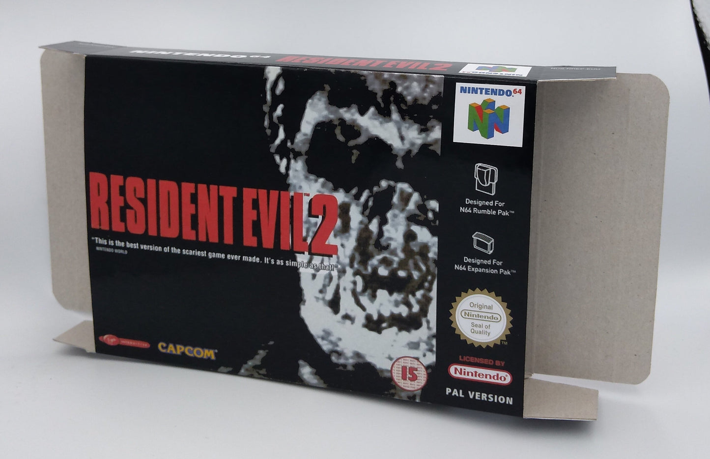 Resident Evil 2/ RE 2 - Box Replacement, Manual, Inner Tray - Nintendo 64/ N64 - NTSC, PAL or Australian PAL - thick cardboard as in the original.