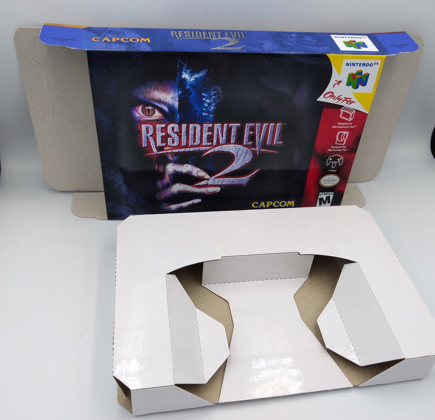 Resident Evil 2/ RE 2 - Box Replacement, Manual, Inner Tray - Nintendo 64/ N64 - NTSC, PAL or Australian PAL - thick cardboard as in the original.