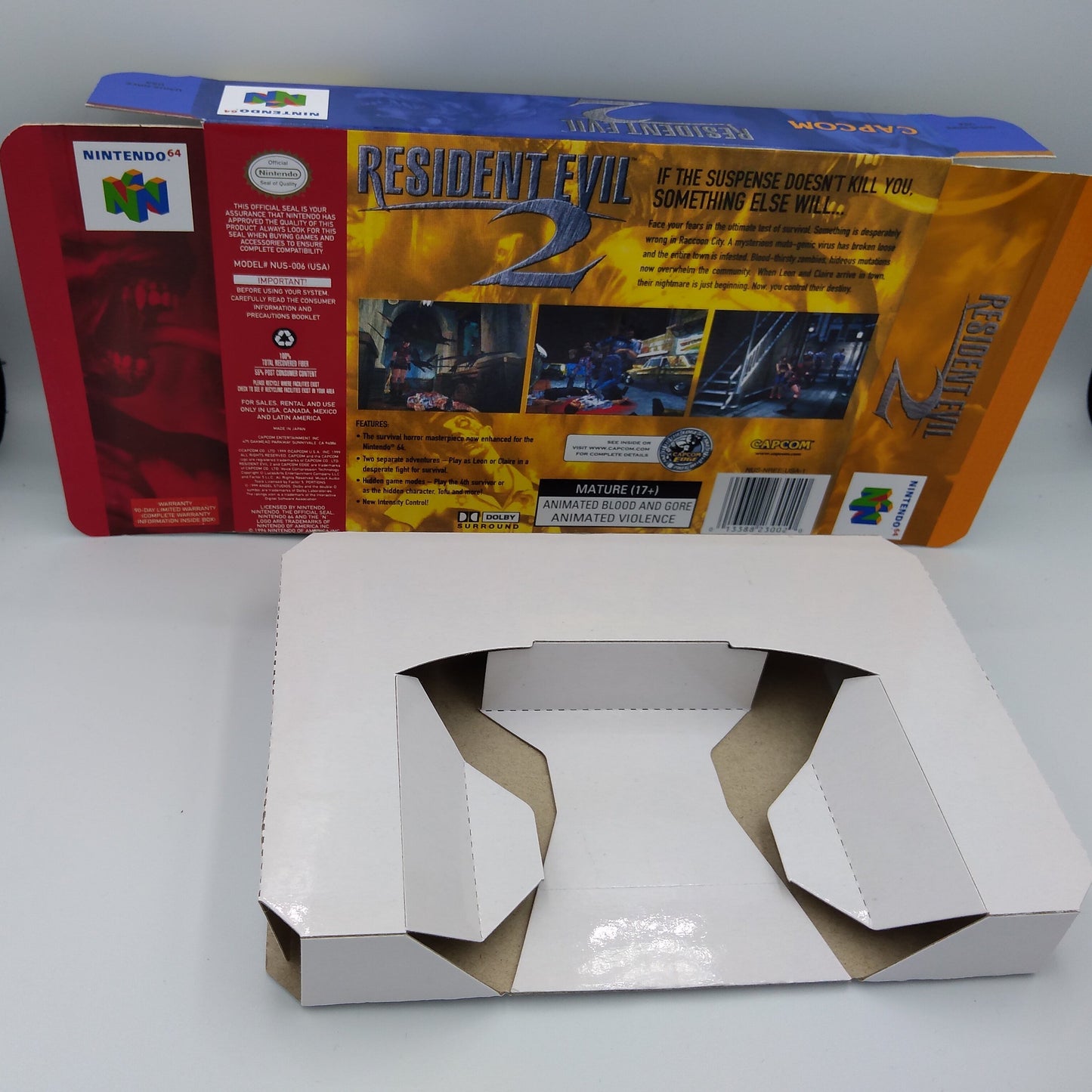 Resident Evil 2/ RE 2 - Box Replacement, Manual, Inner Tray - Nintendo 64/ N64 - NTSC, PAL or Australian PAL - thick cardboard as in the original.