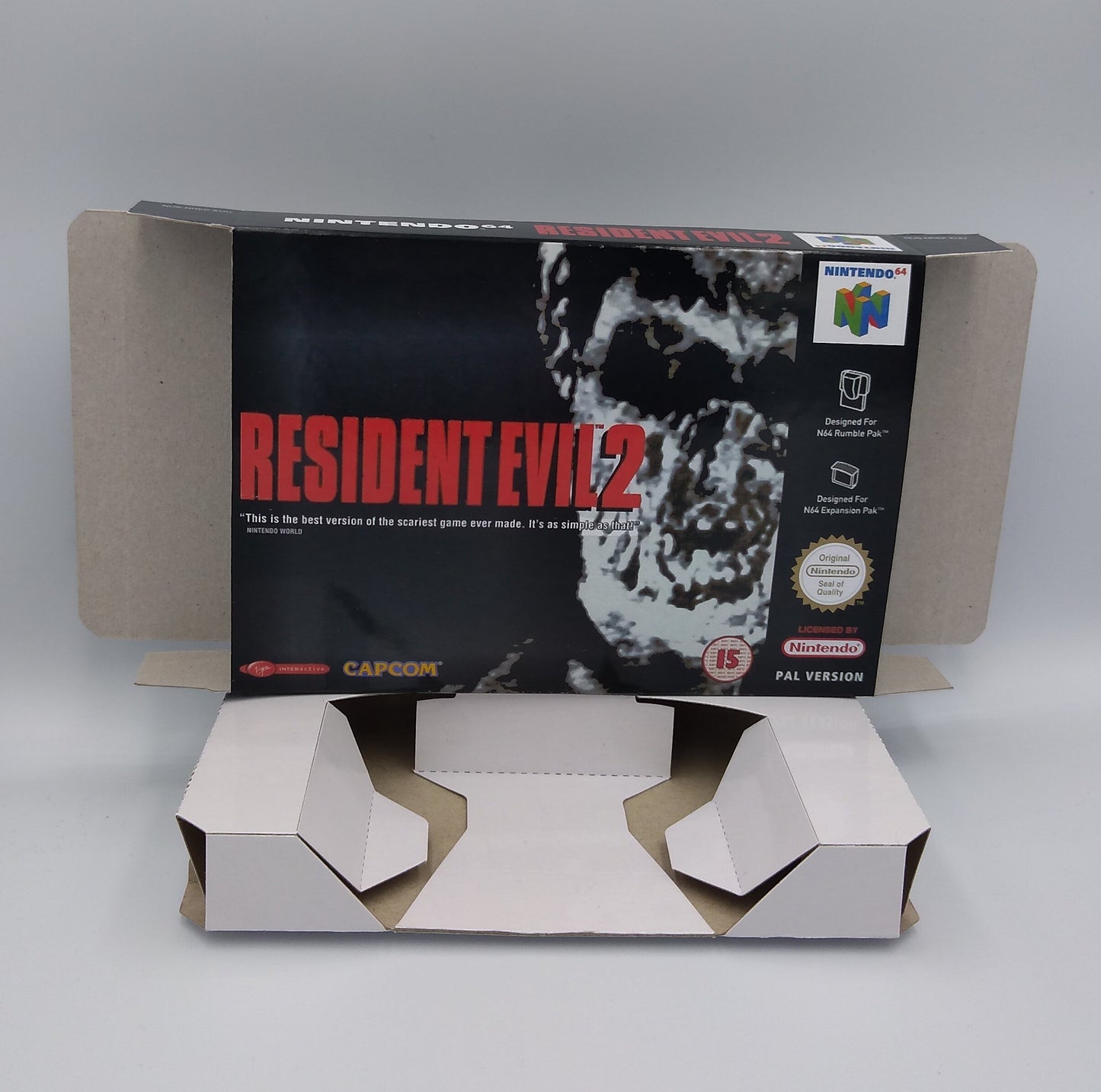 Resident Evil 2/ RE 2 - Box Replacement, Manual, Inner Tray - Nintendo 64/ N64 - NTSC, PAL or Australian PAL - thick cardboard as in the original.