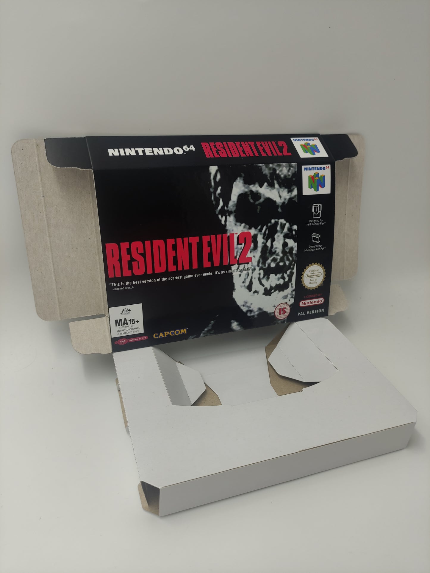 Resident Evil 2/ RE 2 - Box Replacement, Manual, Inner Tray - Nintendo 64/ N64 - NTSC, PAL or Australian PAL - thick cardboard as in the original.