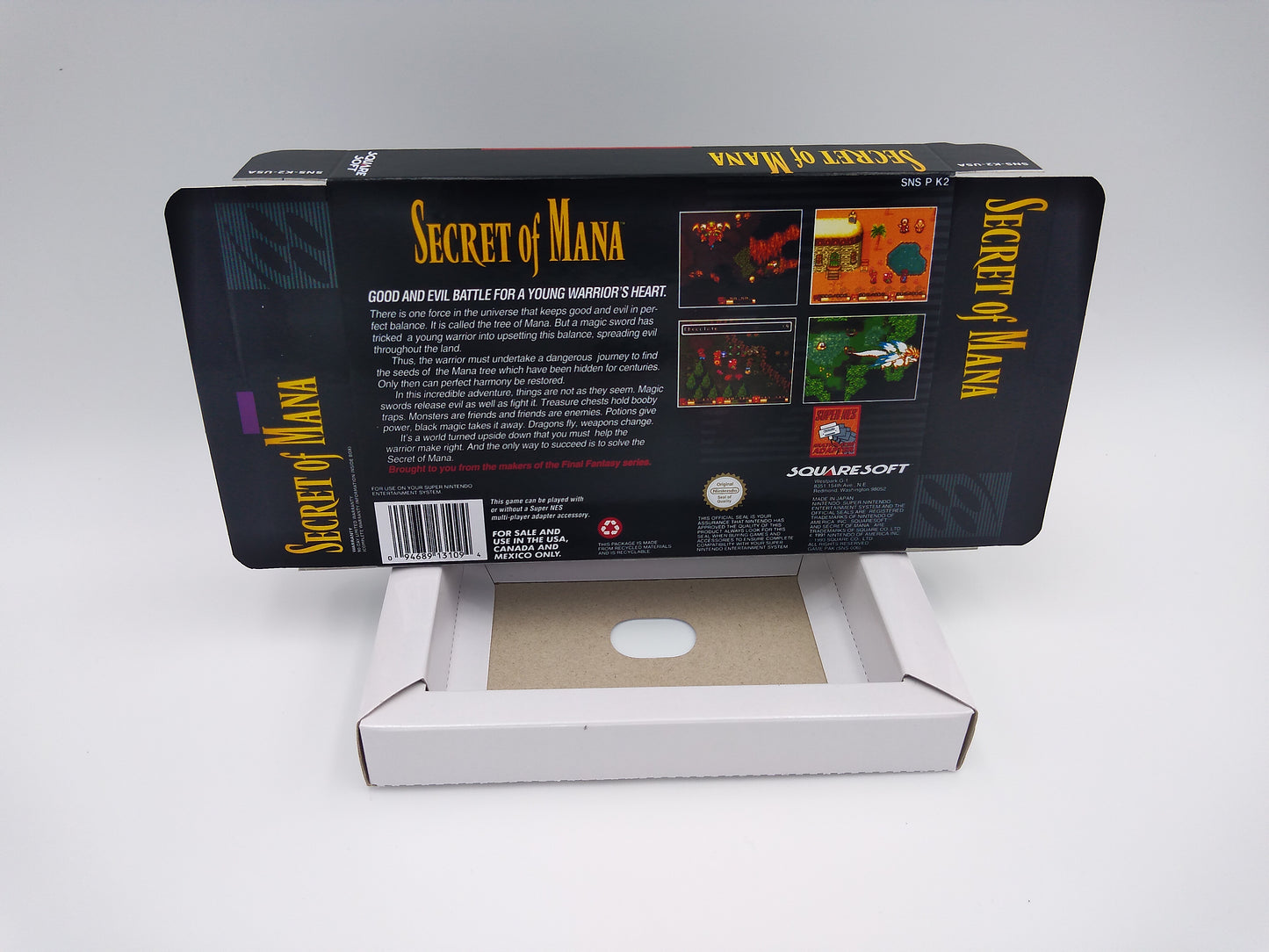 Secret of Mana - box with inner tray option - PAL or NTSC - SNES - thick cardboard as in the original. Top Quality !!