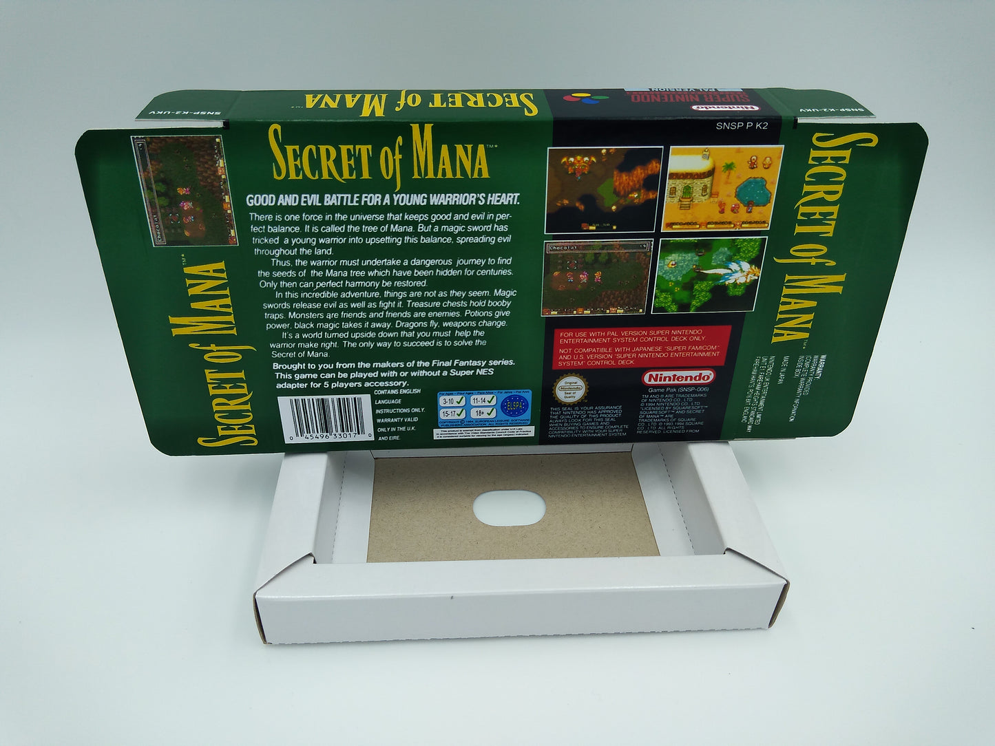 Secret of Mana - box with inner tray option - PAL or NTSC - SNES - thick cardboard as in the original. Top Quality !!