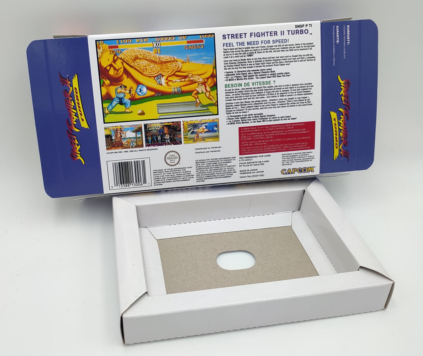 Street Fighter II Turbo - NTSC or PAL - box with inner tray option - Snes - thick cardboard as in the original. Top Quality !