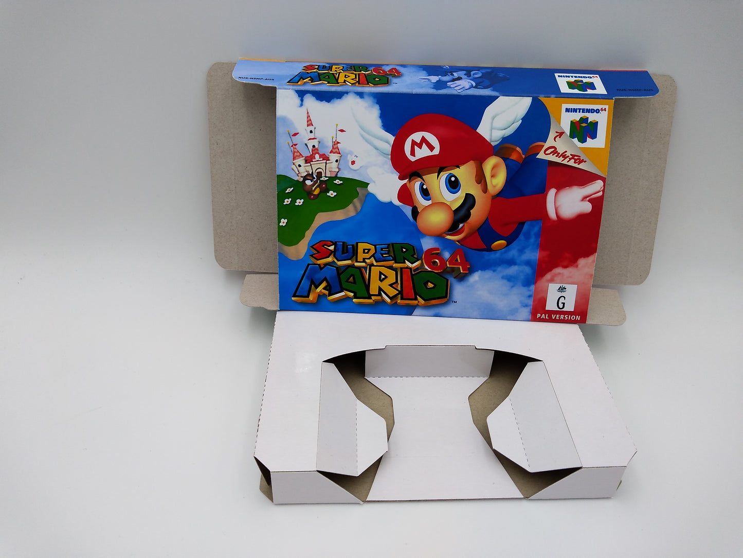 Super Mario 64 - Box Replacement, Manual, Inner Tray - PAL, NTSC or Australian PAL - Nintendo 64/ N64 - thick cardboard as in the original.