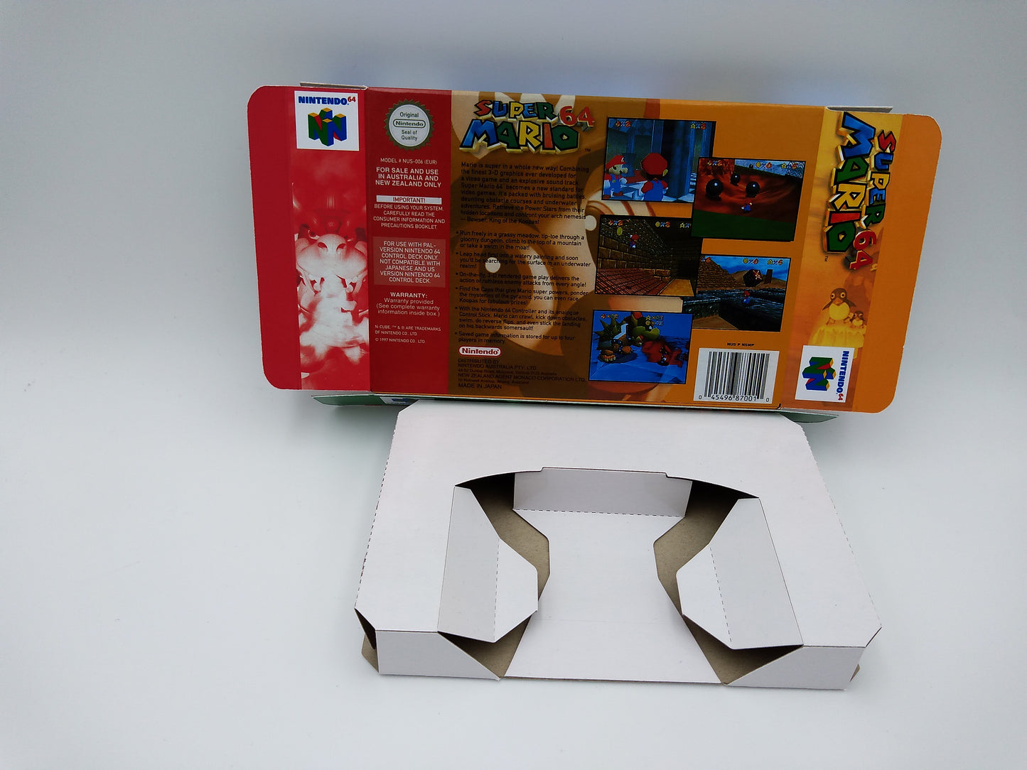 Super Mario 64 - Box Replacement, Manual, Inner Tray - PAL, NTSC or Australian PAL - Nintendo 64/ N64 - thick cardboard as in the original.