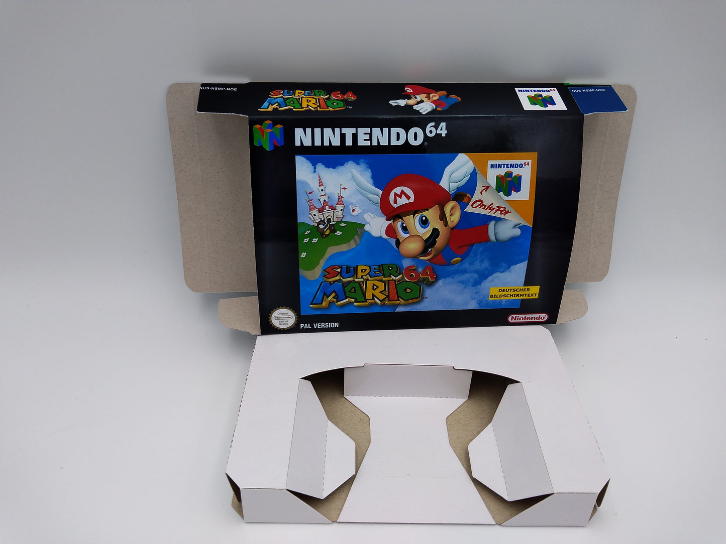 Super Mario 64 - Box Replacement, Manual, Inner Tray - PAL, NTSC or Australian PAL - Nintendo 64/ N64 - thick cardboard as in the original.