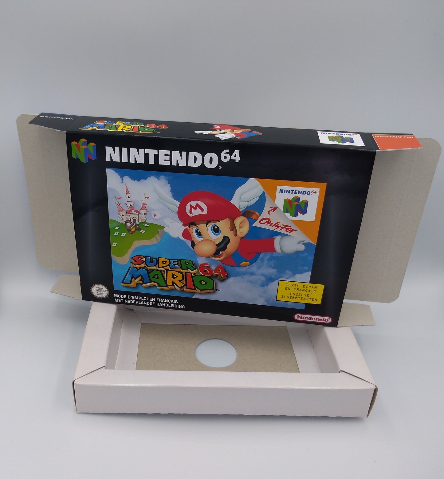 Super Mario 64 - Box Replacement, Manual, Inner Tray - PAL, NTSC or Australian PAL - Nintendo 64/ N64 - thick cardboard as in the original.