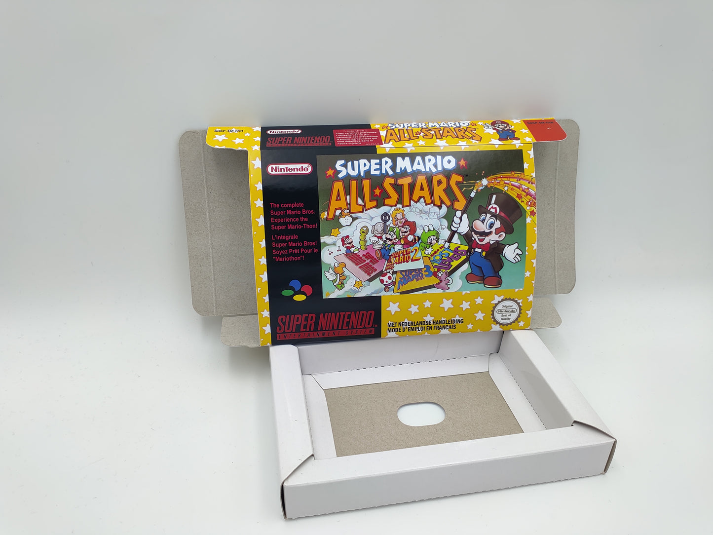 Super Mario All Stars - NTSC or PAL - Replacement Box, Manual, Inner Tray - SNES - thick cardboard as in the original. Top Quality !