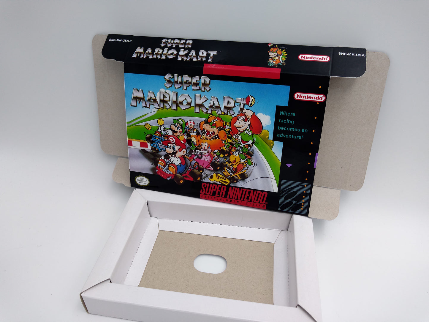 Super Mario Kart - Box Replacement, Manual, Inner Tray - PAL or NTSC - SNES - thick cardboard as in the original.