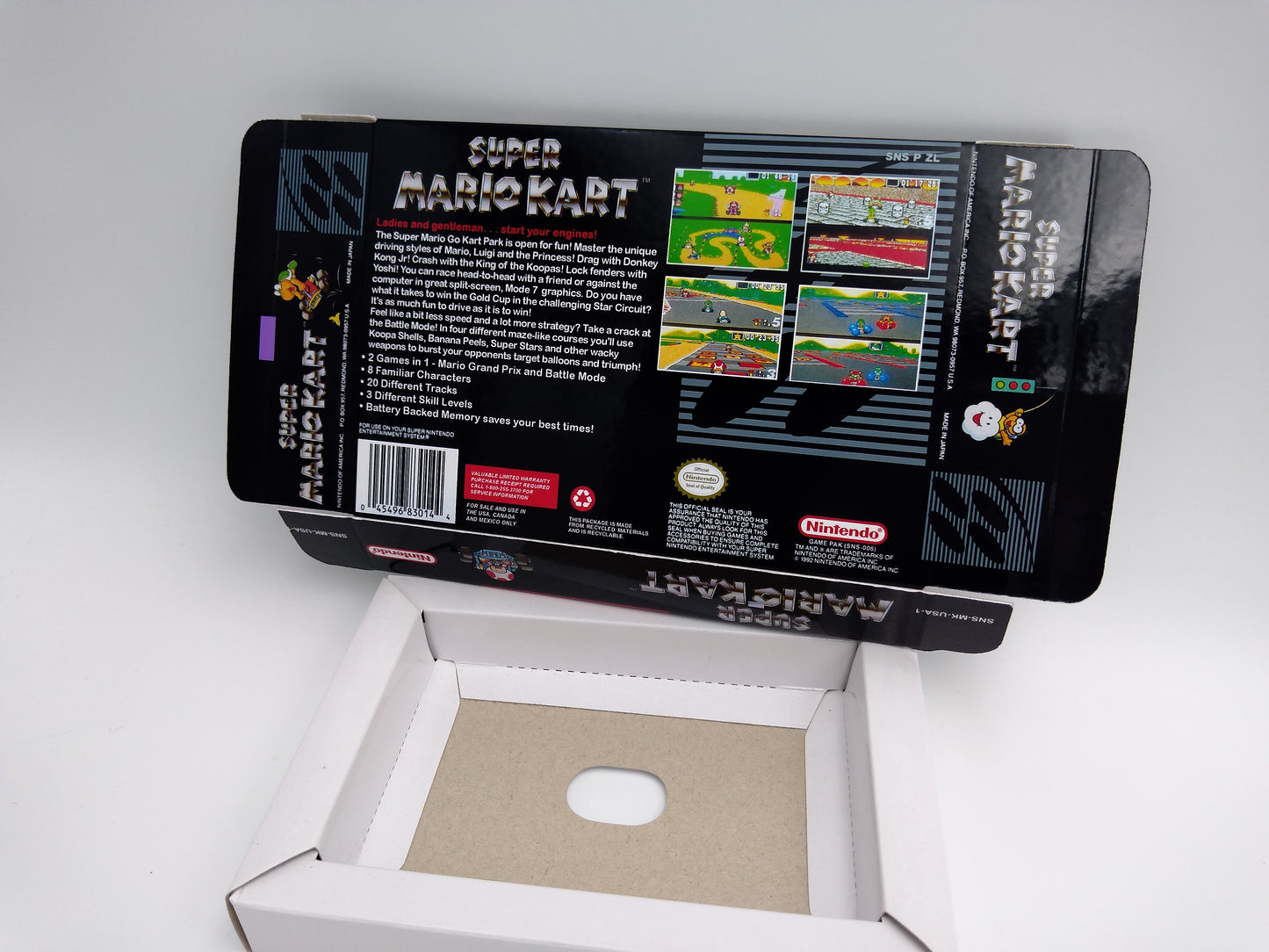 Super Mario Kart - Box Replacement, Manual, Inner Tray - PAL or NTSC - SNES - thick cardboard as in the original.