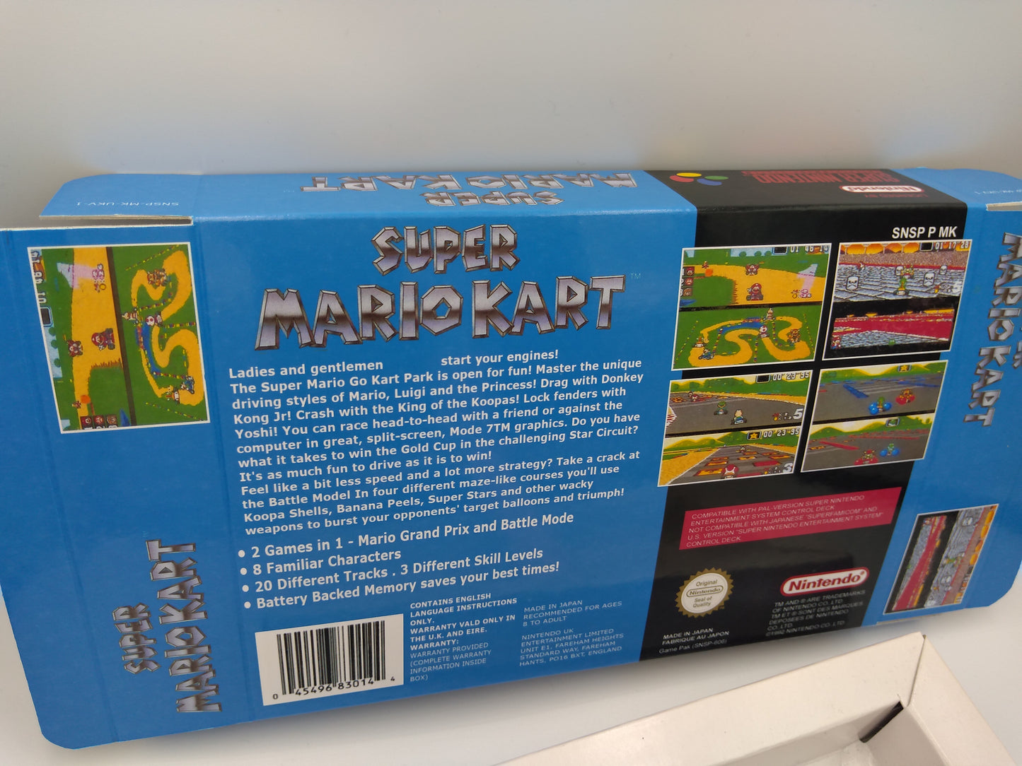 Super Mario Kart - Box Replacement, Manual, Inner Tray - PAL or NTSC - SNES - thick cardboard as in the original.