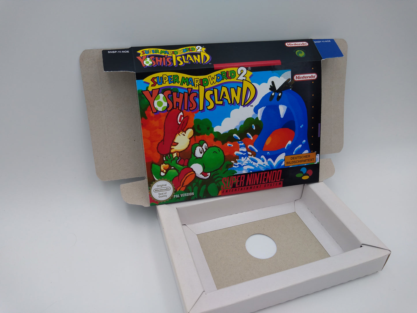 Super Mario World 2 Yoshi's Island - replacement box with inner tray option - PAL or NTSC - SNES - thick cardboard as in the original.