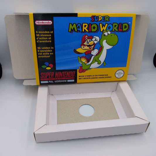Super Mario World - NTSC or PAL - box replacement with inner tray option - SNES - thick cardboard as in the original. HQ!