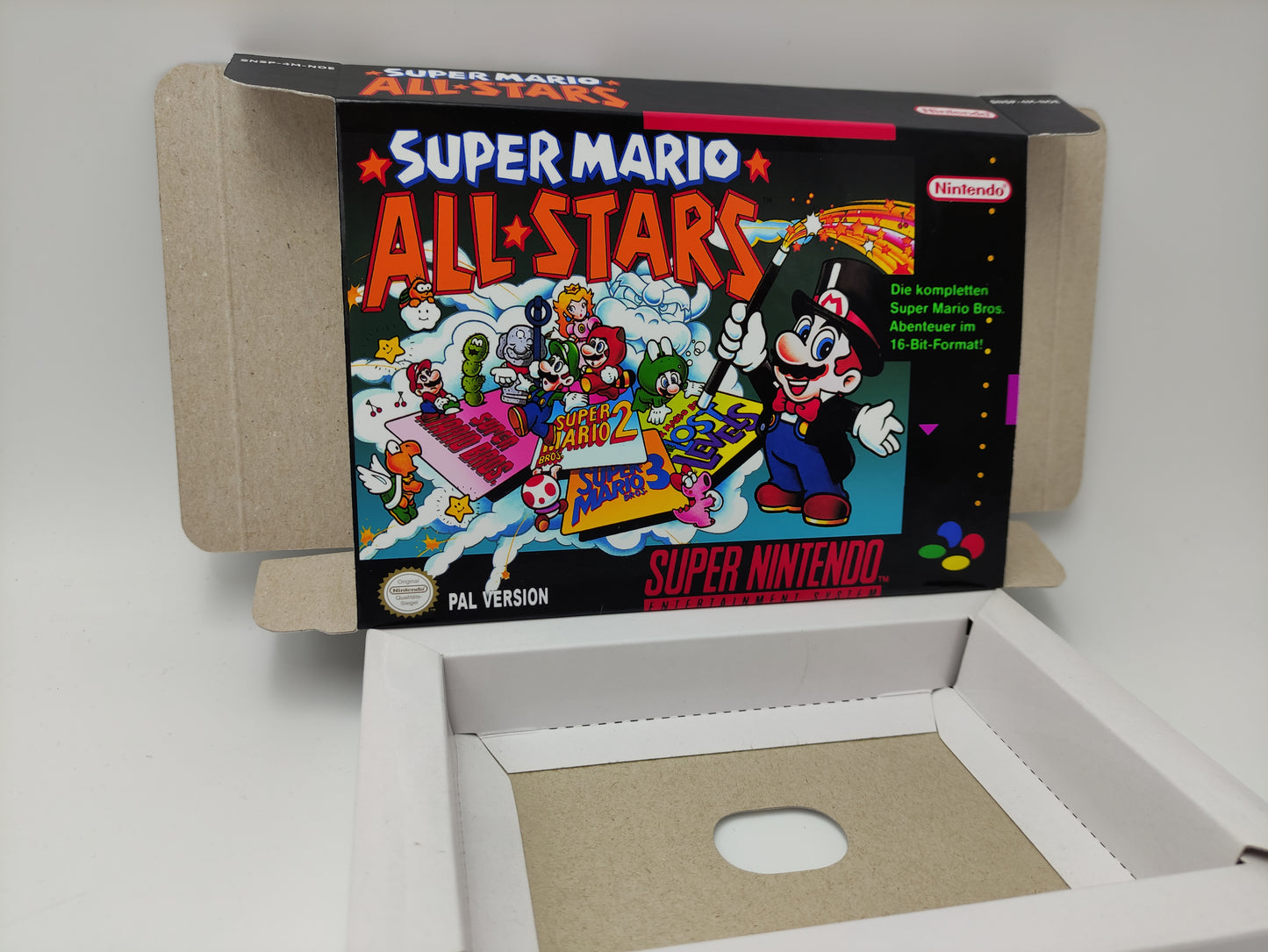 Super Mario All Stars - NTSC or PAL - Replacement Box, Manual, Inner Tray - SNES - thick cardboard as in the original. Top Quality !