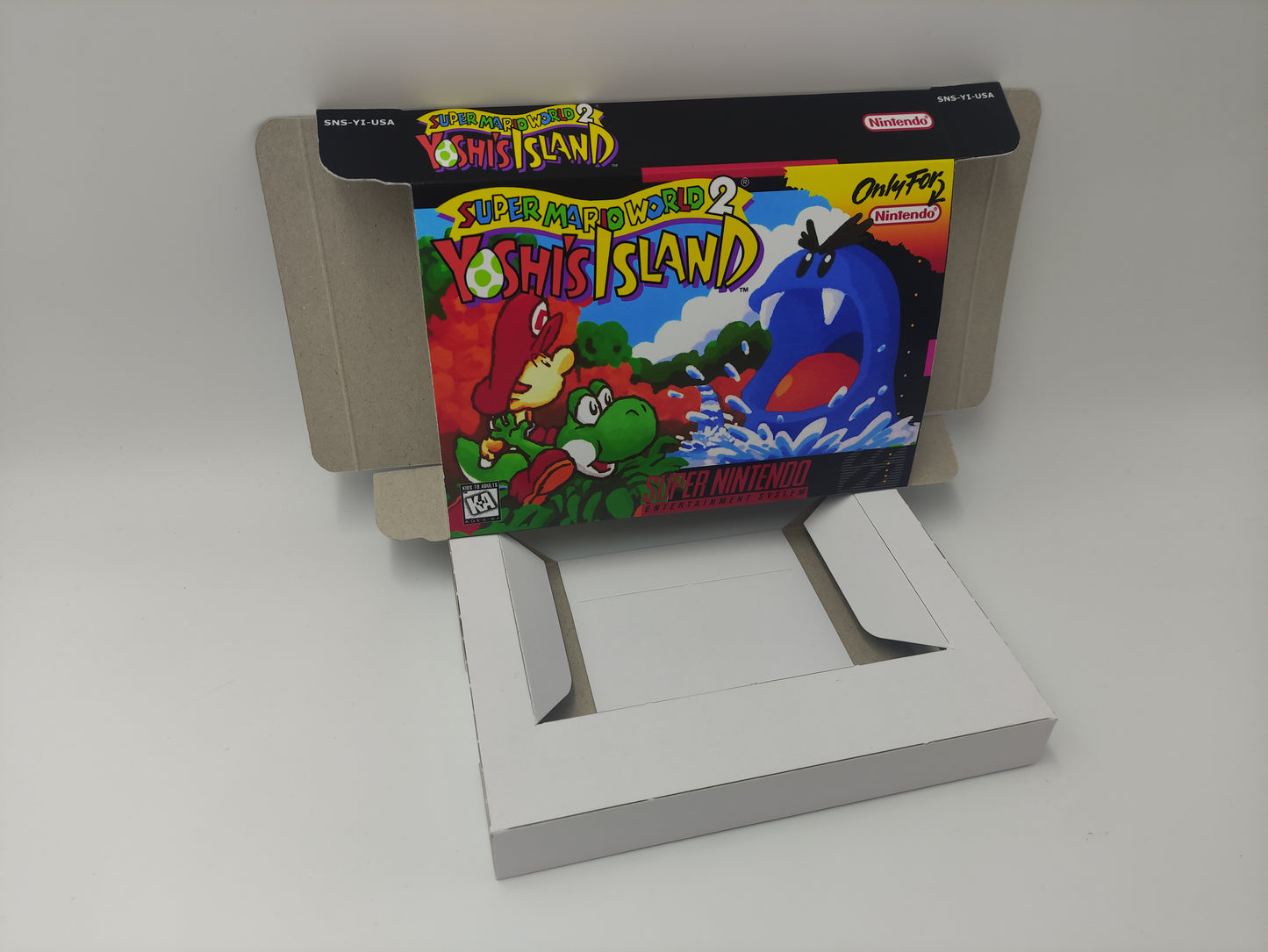 Super Mario World 2 Yoshi's Island - replacement box with inner tray option - PAL or NTSC - SNES - thick cardboard as in the original.