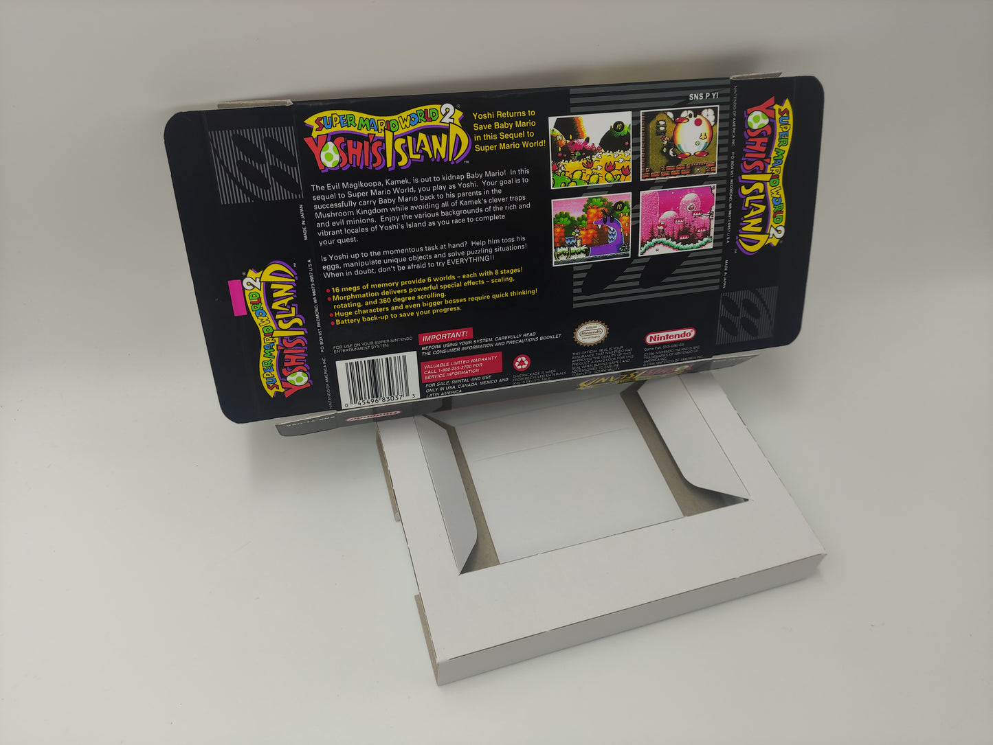 Super Mario World 2 Yoshi's Island - replacement box with inner tray option - PAL or NTSC - SNES - thick cardboard as in the original.