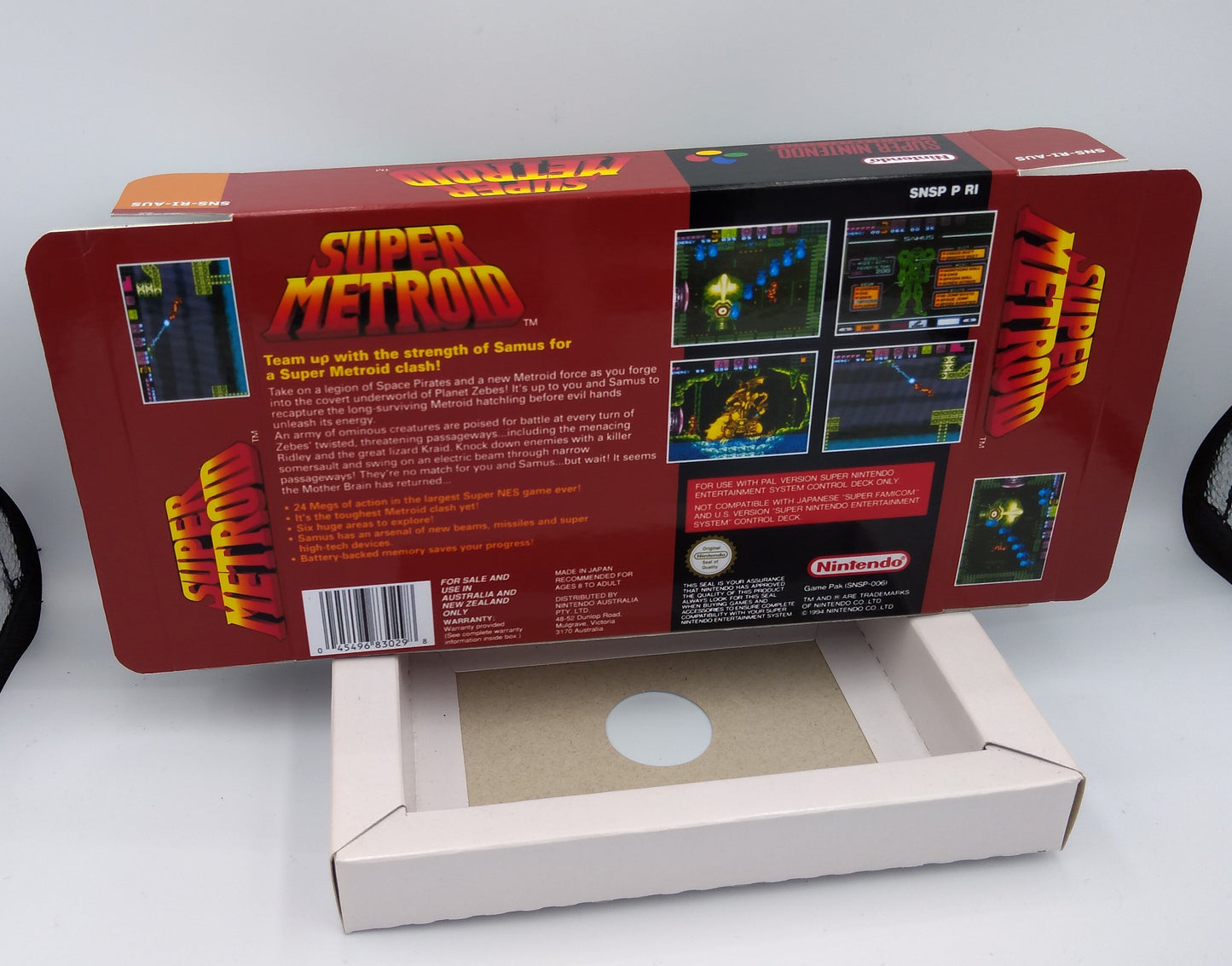 Super Metroid - Box Replacement, Manual, Inner Tray - PAL or NTSC - SNES - thick cardboard as in the original. Top Quality !