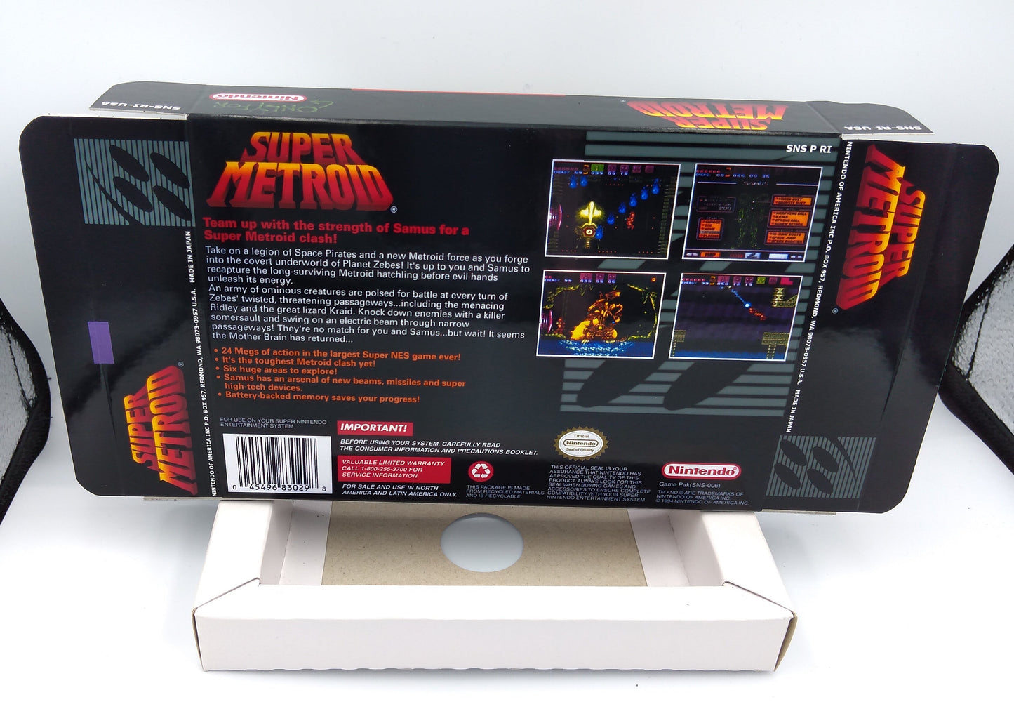 Super Metroid - Box Replacement, Manual, Inner Tray - PAL or NTSC - SNES - thick cardboard as in the original. Top Quality !