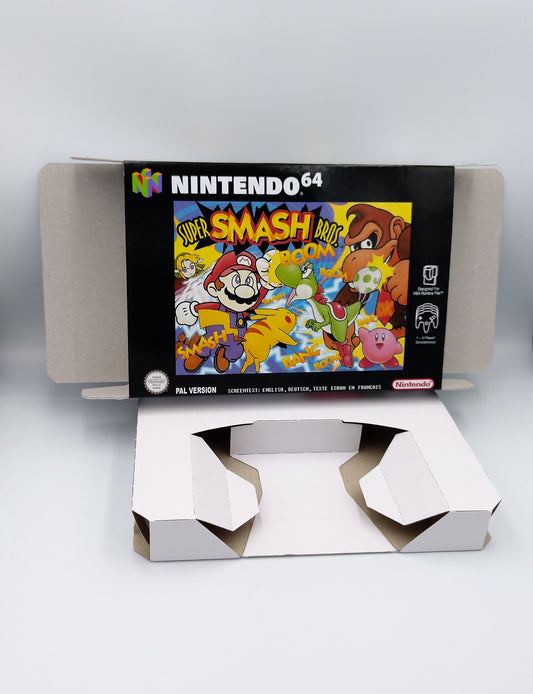 Super Smash Bros box with inner tray option - Nintendo 64 - PAL, NTSC, Australian PAL, Japan Ntsc - thick cardboard as in the original.