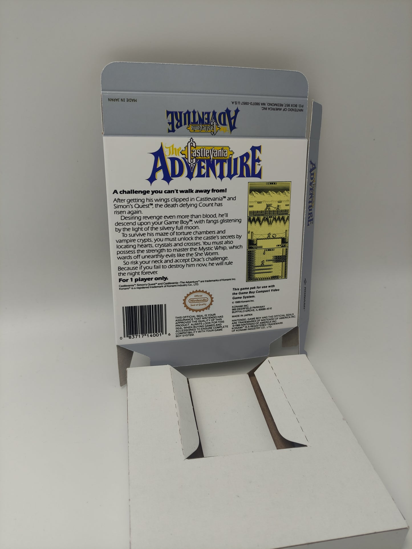 The Castlevania Adventure - Replacement Box, Manual, Inner Tray - PAL or NTSC - Game Boy/ GB - thick cardboard. Top Quality !