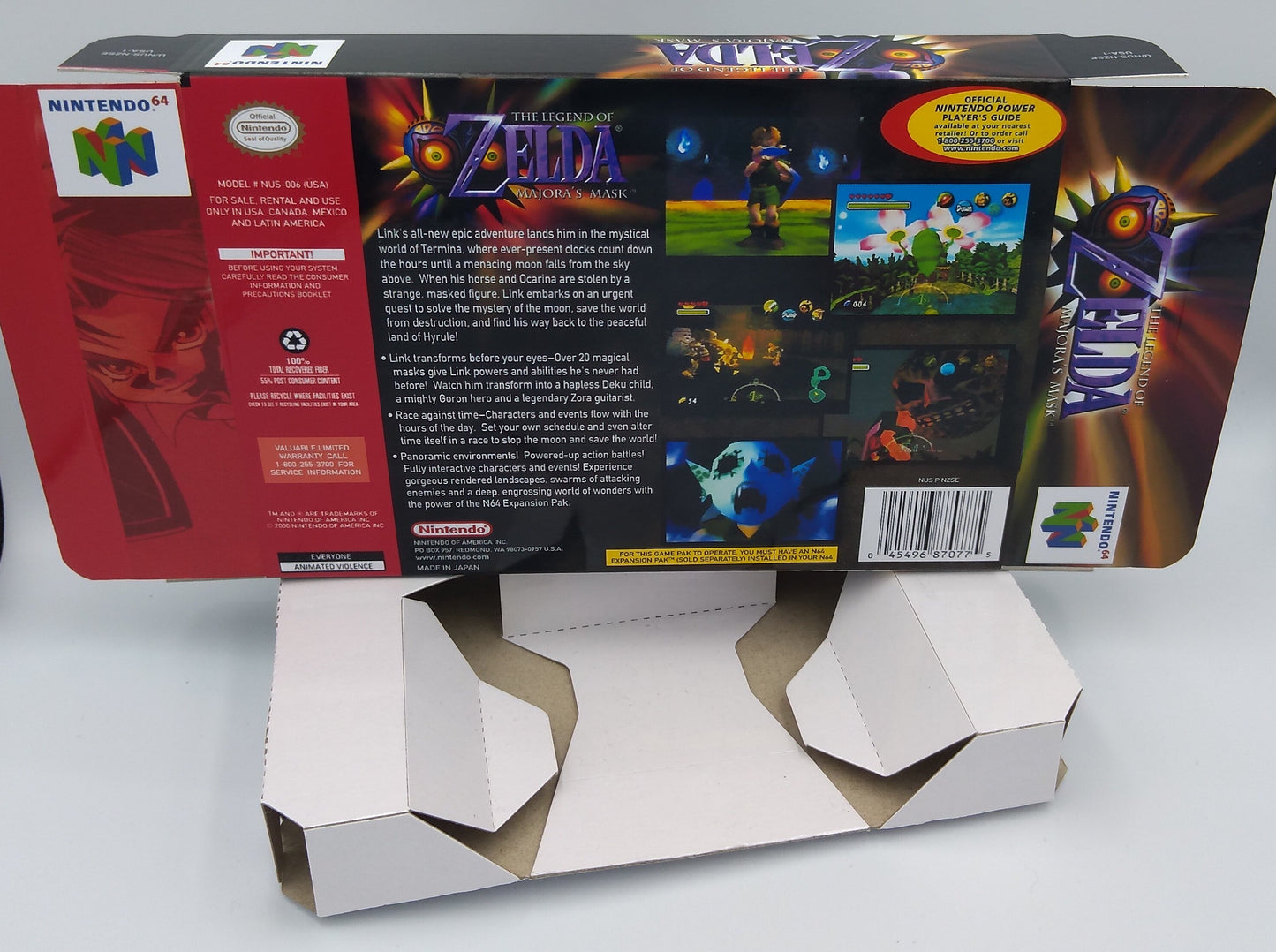 The Legend of Zelda Majoras Mask - NTSC, PAL or Australian PAL - N64- Box replacement, Manual, Inner Tray - thick cardboard as in the original.